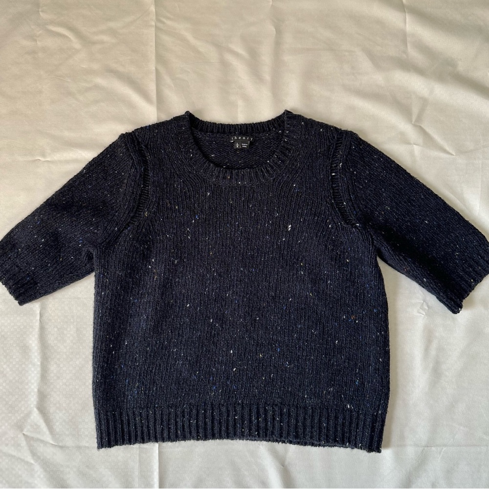 Theory Short Sleeve Speckled Wool Sweater Navy Blue Size Large